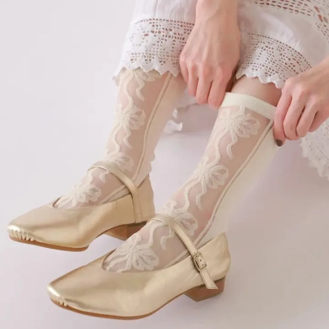 011141451 Ribbon Front Tulle Crew Socks
