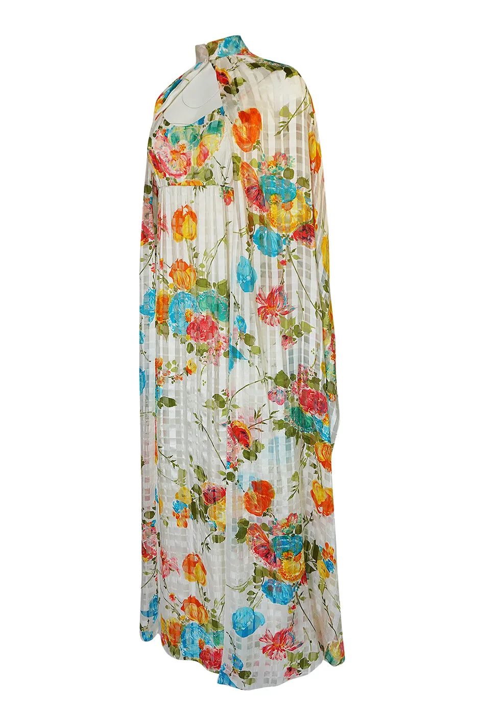 1970s Alfred Bosand Printed Floral Ribbon Silk Gown & Cape