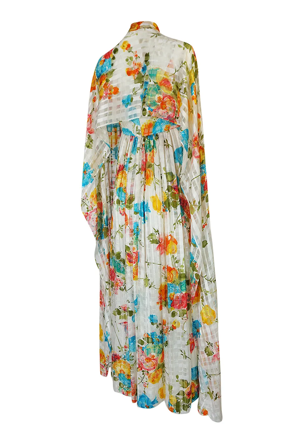 1970s Alfred Bosand Printed Floral Ribbon Silk Gown & Cape