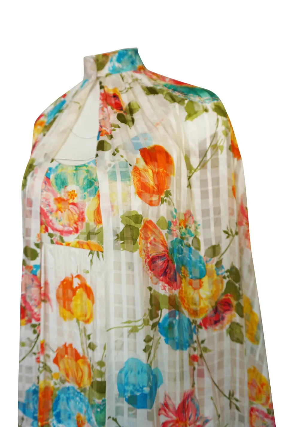 1970s Alfred Bosand Printed Floral Ribbon Silk Gown & Cape