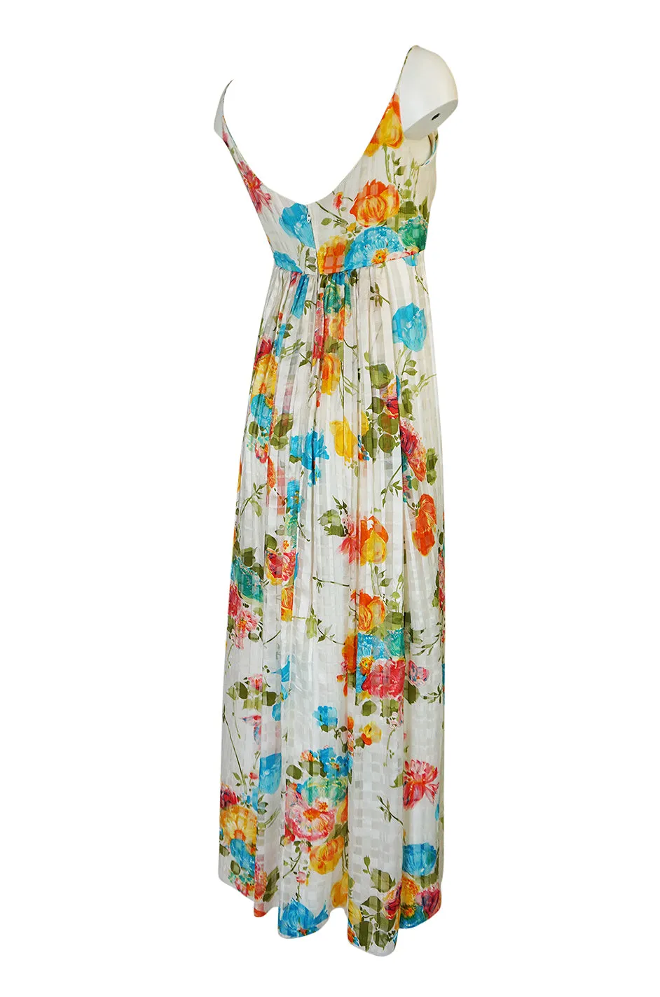 1970s Alfred Bosand Printed Floral Ribbon Silk Gown & Cape
