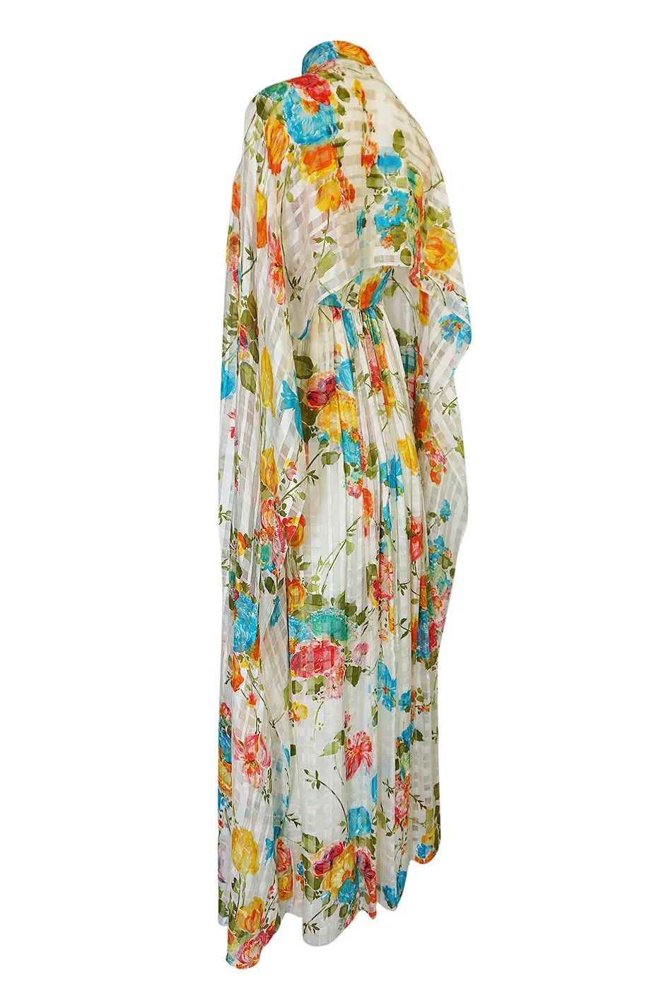 1970s Alfred Bosand Printed Floral Ribbon Silk Gown & Cape