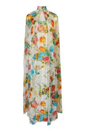1970s Alfred Bosand Printed Floral Ribbon Silk Gown & Cape