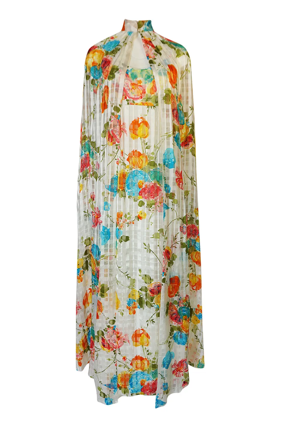 1970s Alfred Bosand Printed Floral Ribbon Silk Gown & Cape