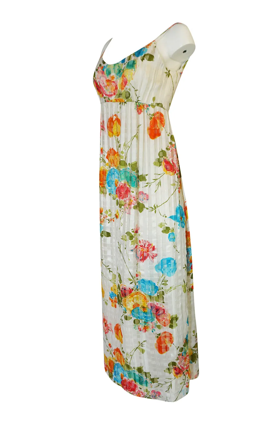 1970s Alfred Bosand Printed Floral Ribbon Silk Gown & Cape