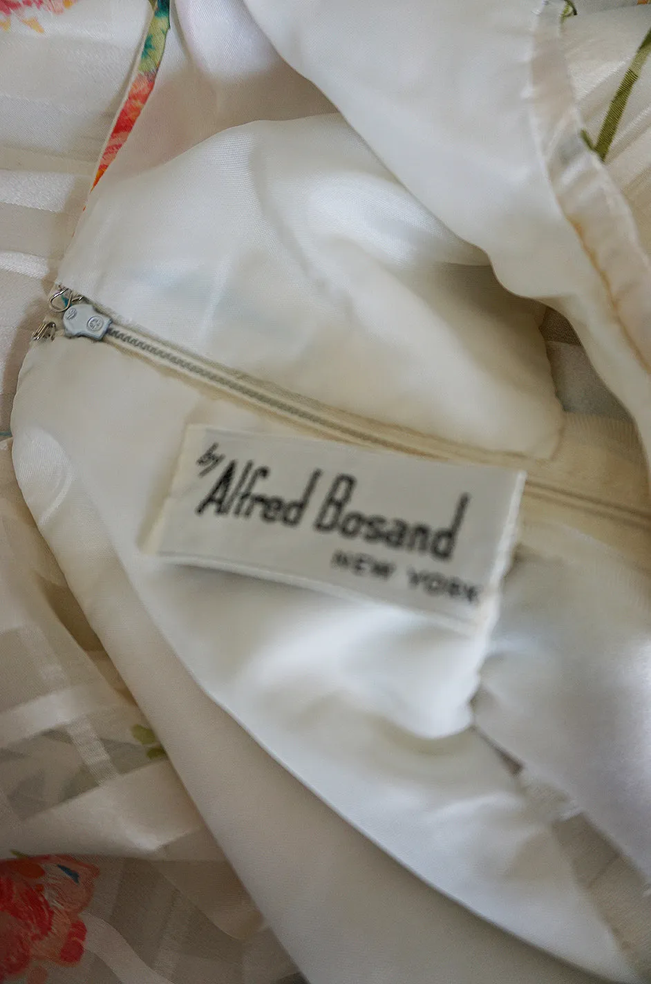 1970s Alfred Bosand Printed Floral Ribbon Silk Gown & Cape