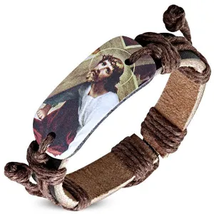 6"-10" Adjustable Leather 'Jesus' Bracelet (#ba063)