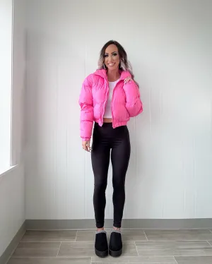 Arctic Chic Cropped Puffer Jacket - Hot Pink
