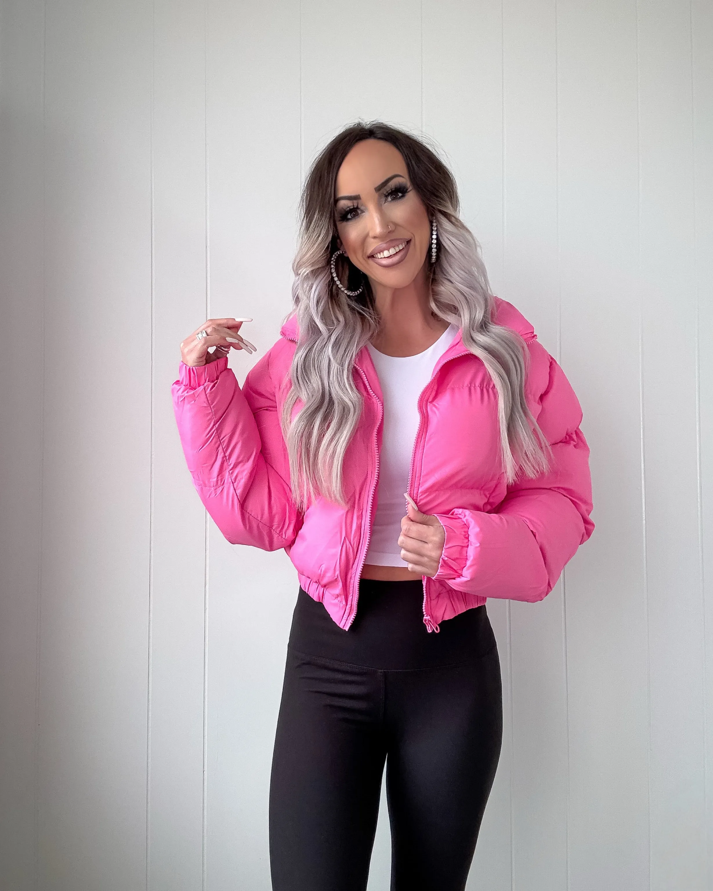 Arctic Chic Cropped Puffer Jacket - Hot Pink