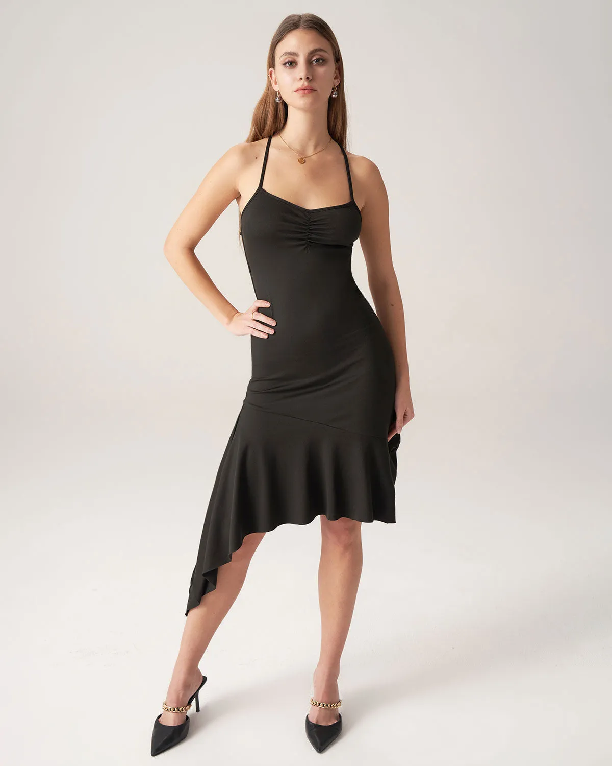 Bettydress-Black Ruffle Backless Midi Dress