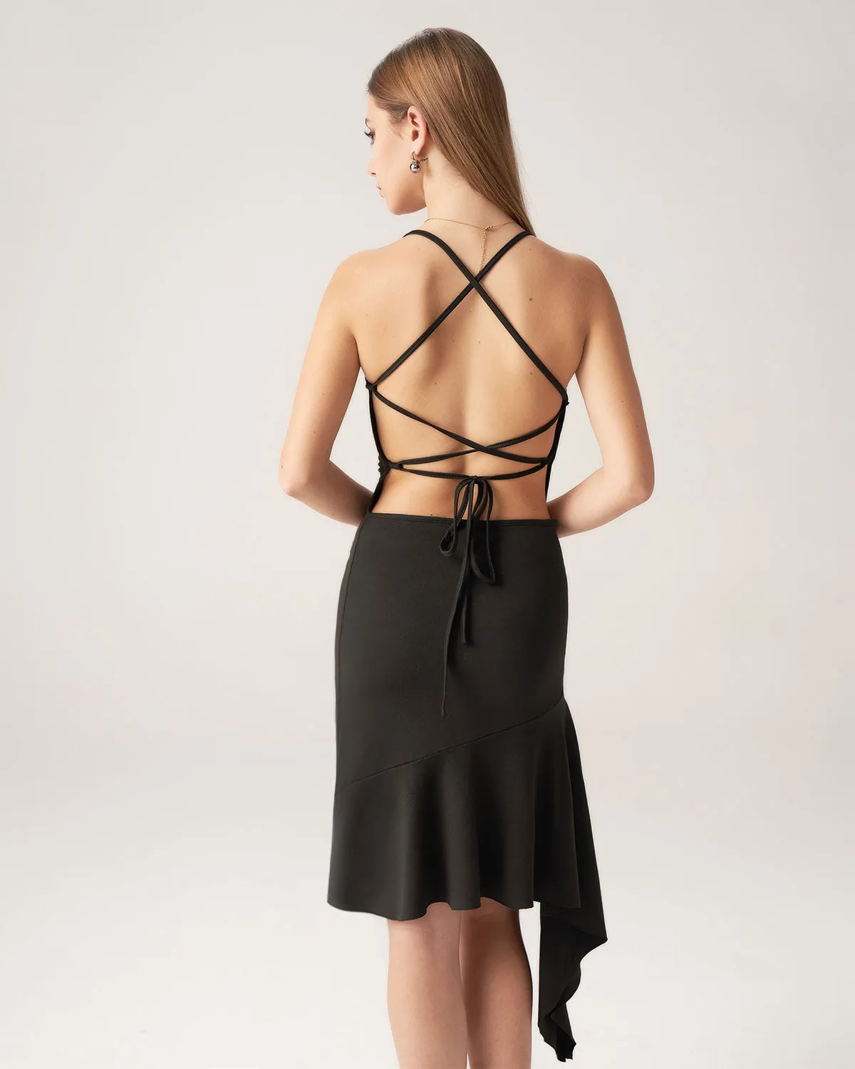 Bettydress-Black Ruffle Backless Midi Dress