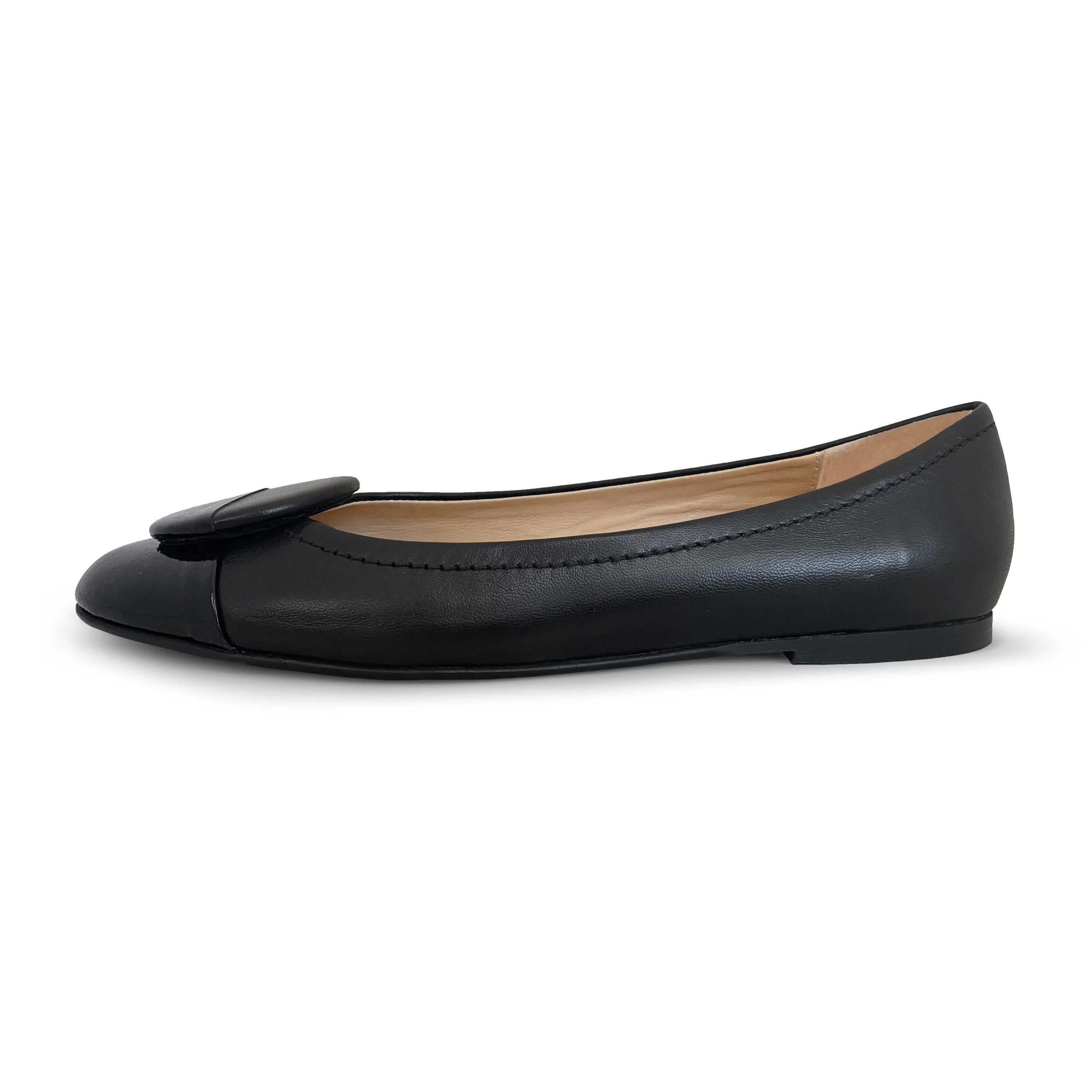 Black leather ballet flats with black patent toe and stud
