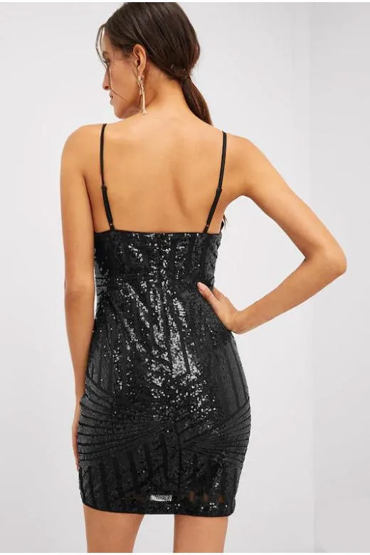 Black Strappy Sequin Bodycon Dress