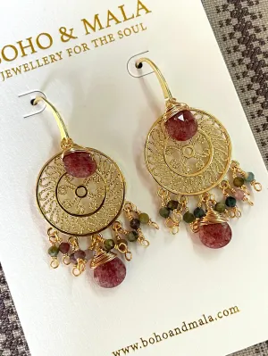 Boho & Mala Mix Natural Stone Dreamcatcher Gold Plated Drop Earrings