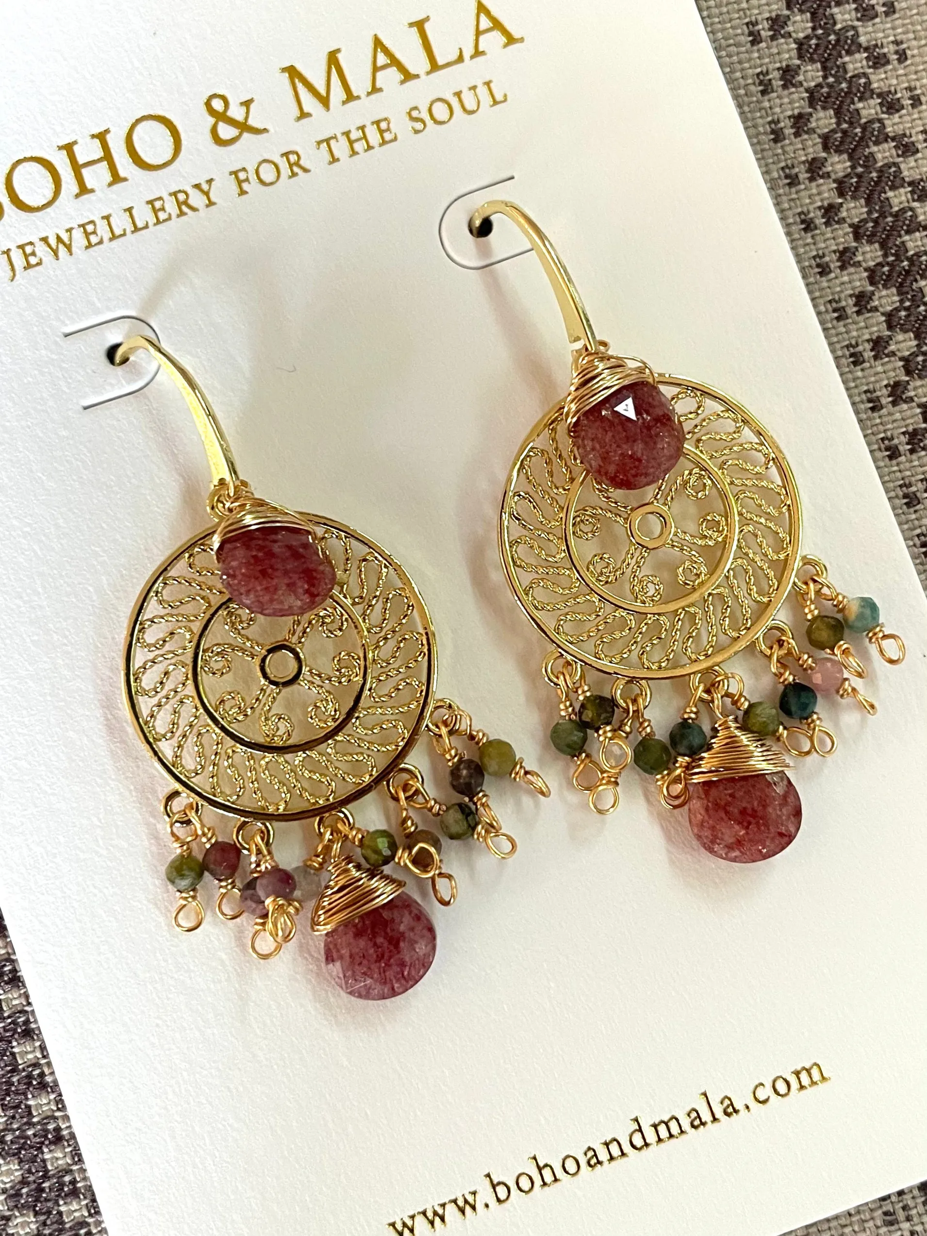 Boho & Mala Mix Natural Stone Dreamcatcher Gold Plated Drop Earrings