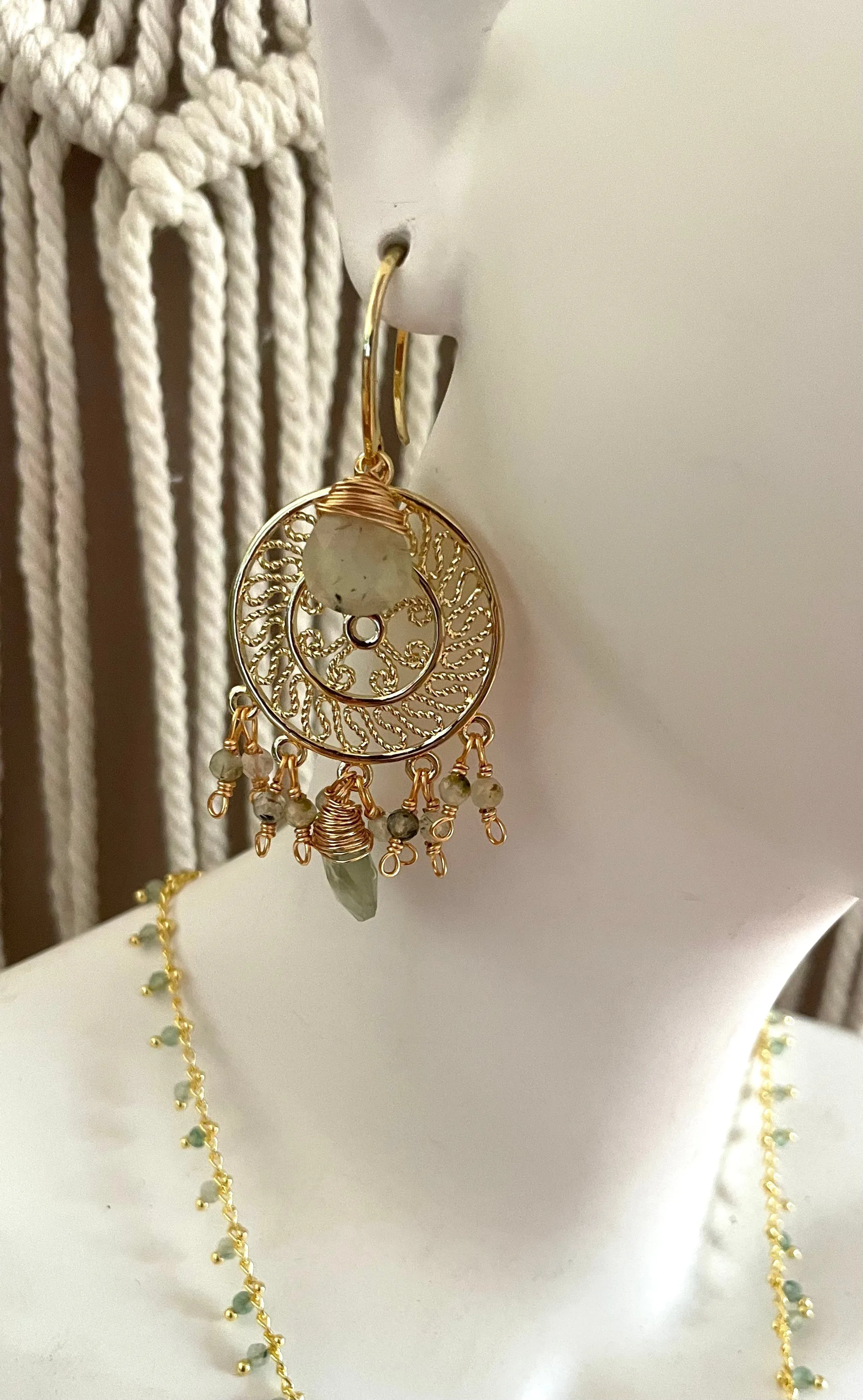 Boho & Mala Mix Natural Stone Dreamcatcher Gold Plated Drop Earrings