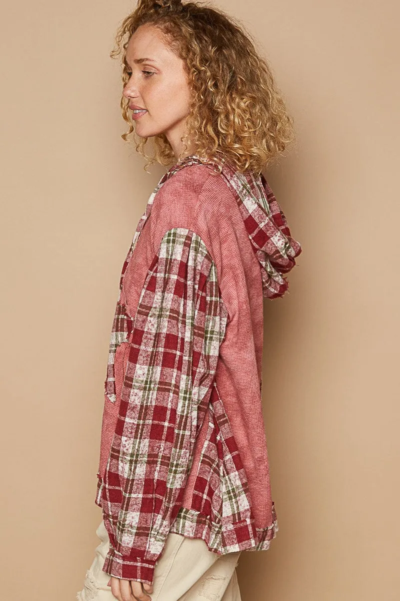Born A Star Patch Plaid Long Sleeve Hooded Top