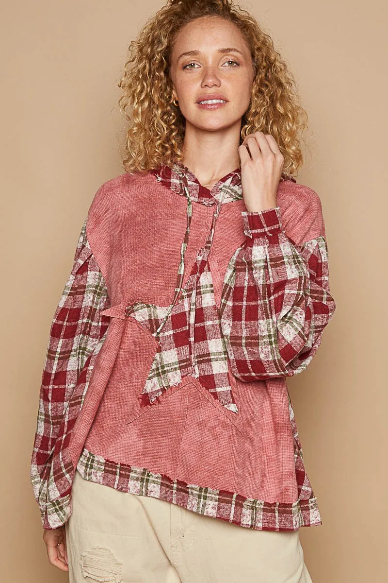 Born A Star Patch Plaid Long Sleeve Hooded Top