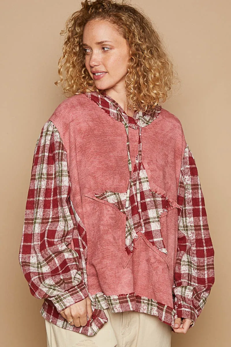Born A Star Patch Plaid Long Sleeve Hooded Top