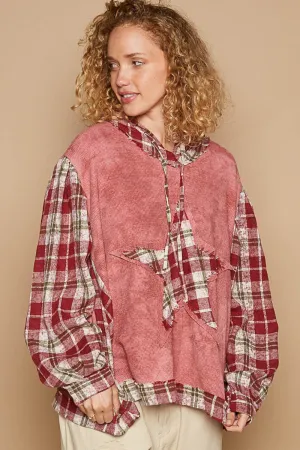 Born A Star Patch Plaid Long Sleeve Hooded Top