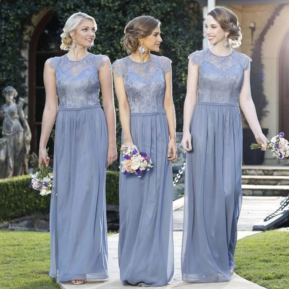 Charming Cap Sleeve A Line Cheap Lace Round Neck Long Bridesmaid Dresses, MB115