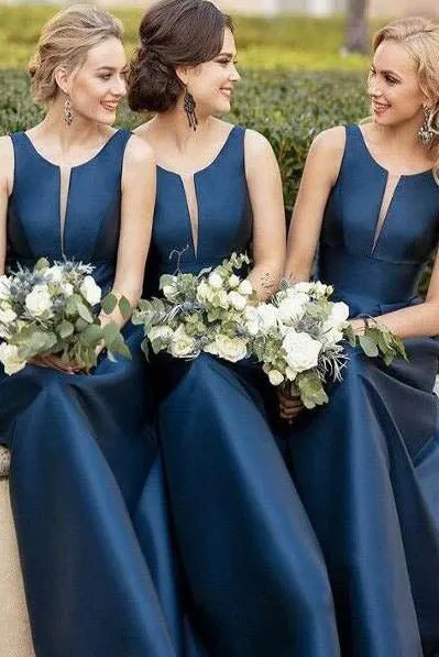 Chic A-Line Satin Navy Blue Bridesmaid Dress with Illusion V Inset OKN2