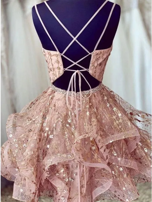 Chic Deep V-neck Pink Tiered Homecoming Dresses with Beading Appliques OKO38