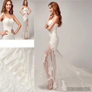 Chic Design One Shoulder Lace Top See Through Sexy Mermaid Lace Up Wedding Dresses, WD0143