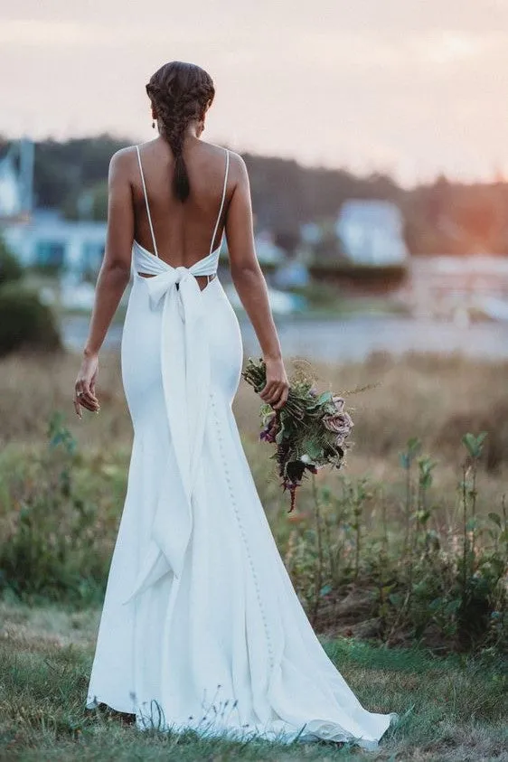 Chic Slim Wedding Dress with Ribbon Bow Back