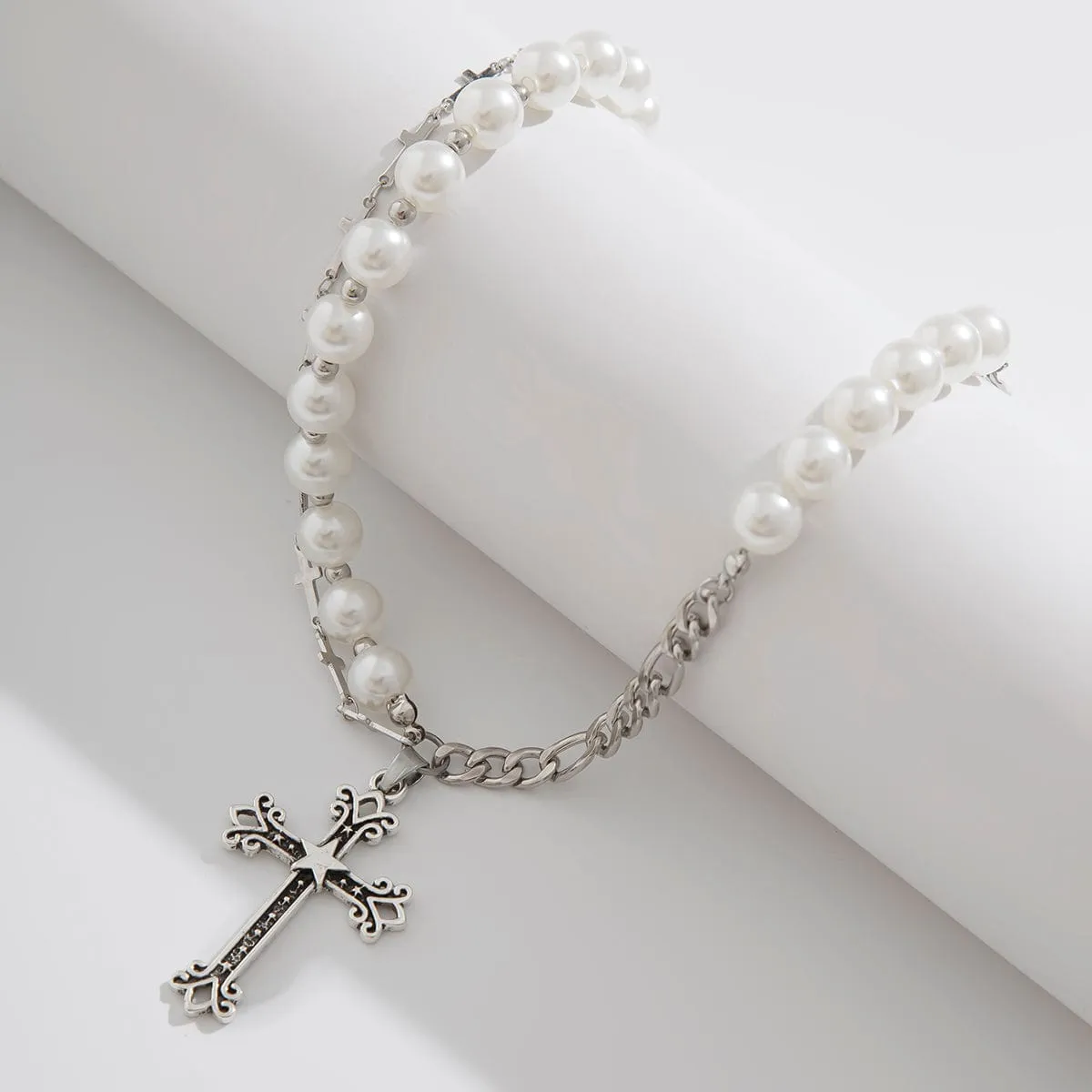 Chic Star Cross Pendant Pearl Chain Choker Necklace