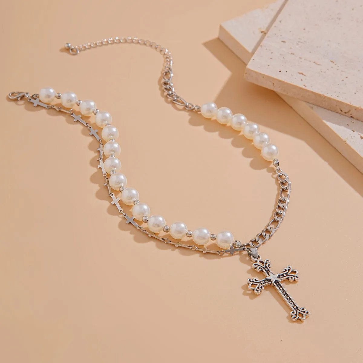 Chic Star Cross Pendant Pearl Chain Choker Necklace