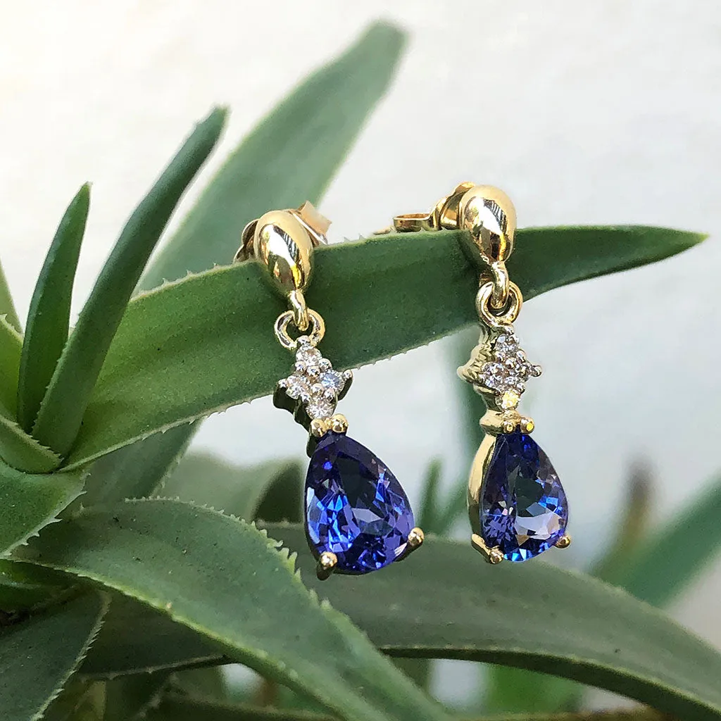 Chic Tanzanite and Diamond Drop Yellow Gold Earrings