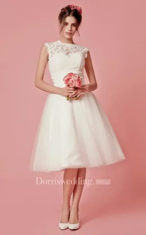 Classic Femme Sleeveless Tea Length  Wedding Dress with Removable Lace Jacket-700786