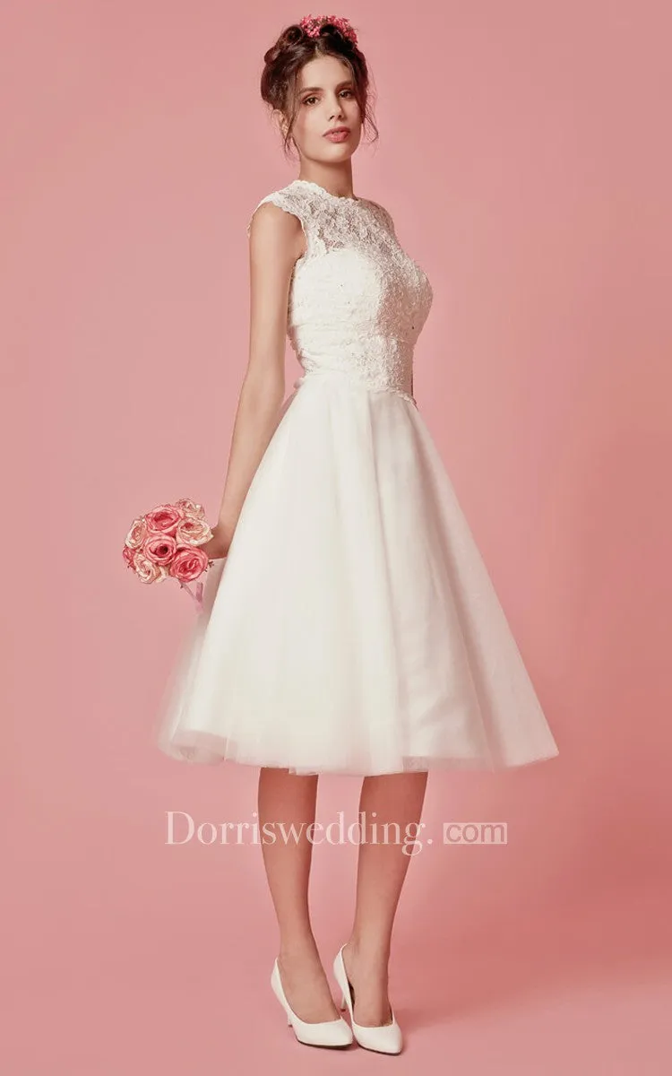 Classic Femme Sleeveless Tea Length  Wedding Dress with Removable Lace Jacket-700786
