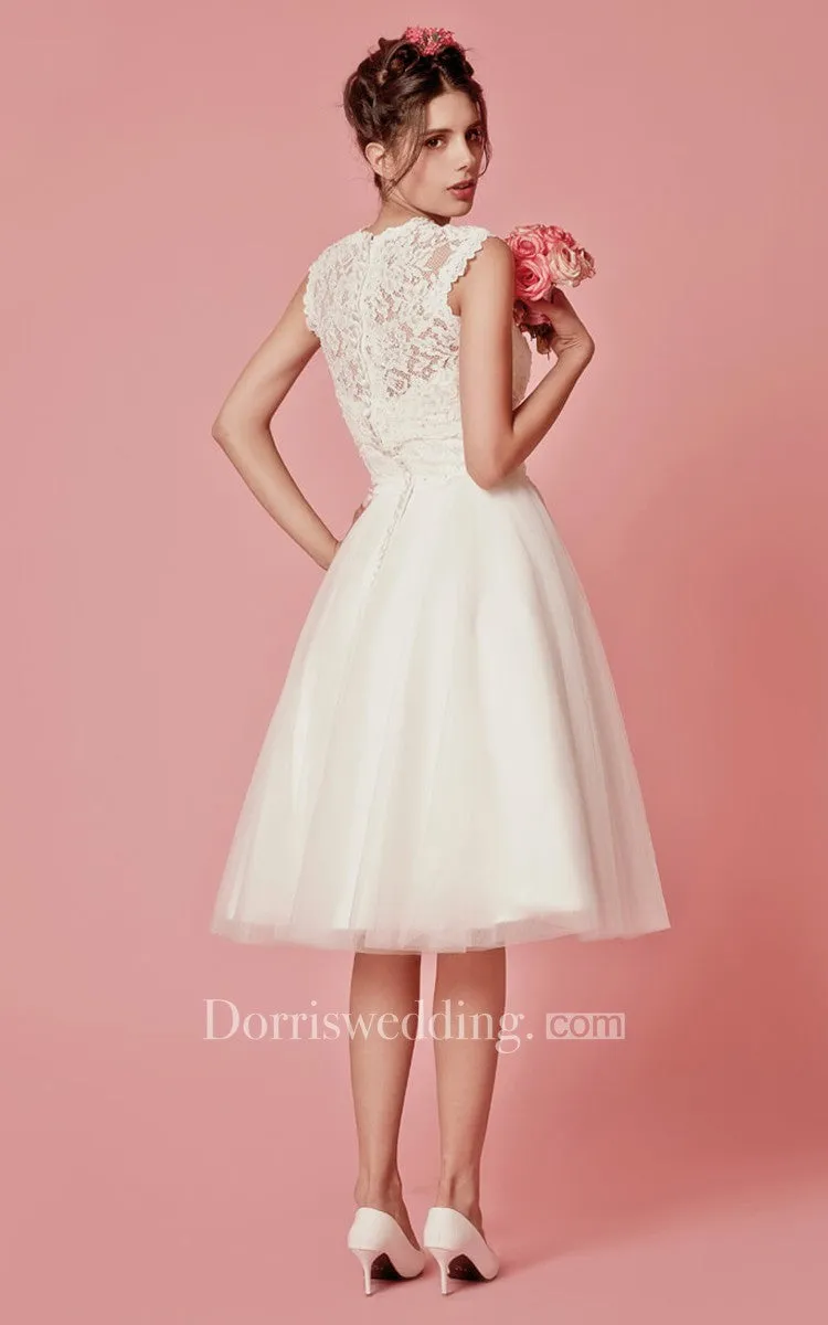 Classic Femme Sleeveless Tea Length  Wedding Dress with Removable Lace Jacket-700786