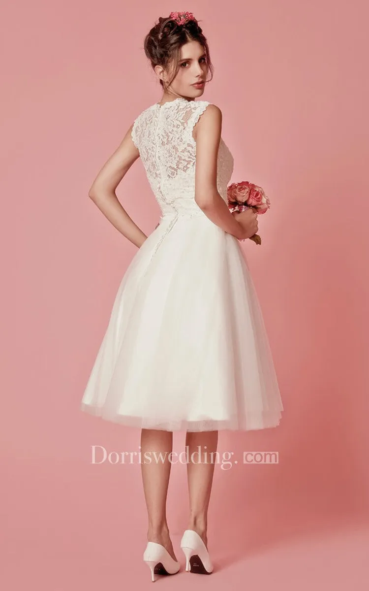 Classic Femme Sleeveless Tea Length  Wedding Dress with Removable Lace Jacket-700786