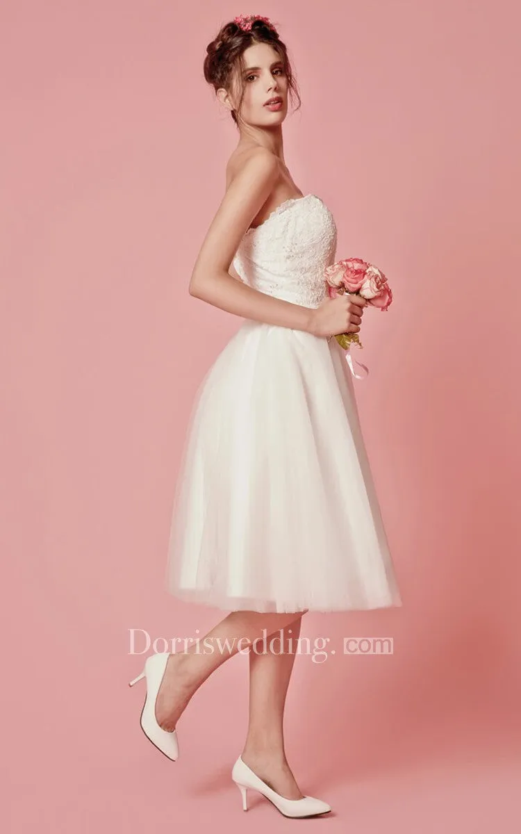 Classic Femme Sleeveless Tea Length  Wedding Dress with Removable Lace Jacket-700786