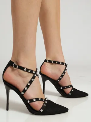 Denim Studded Mule Strappy Heel - Black