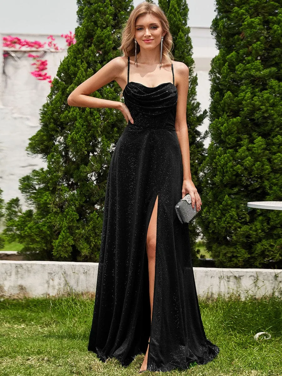 Destiny sparkle corset cowl neck strappy back dress with split