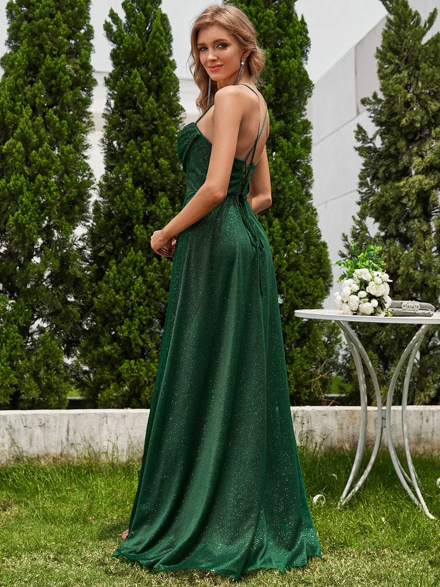 Destiny sparkle corset cowl neck strappy back dress with split