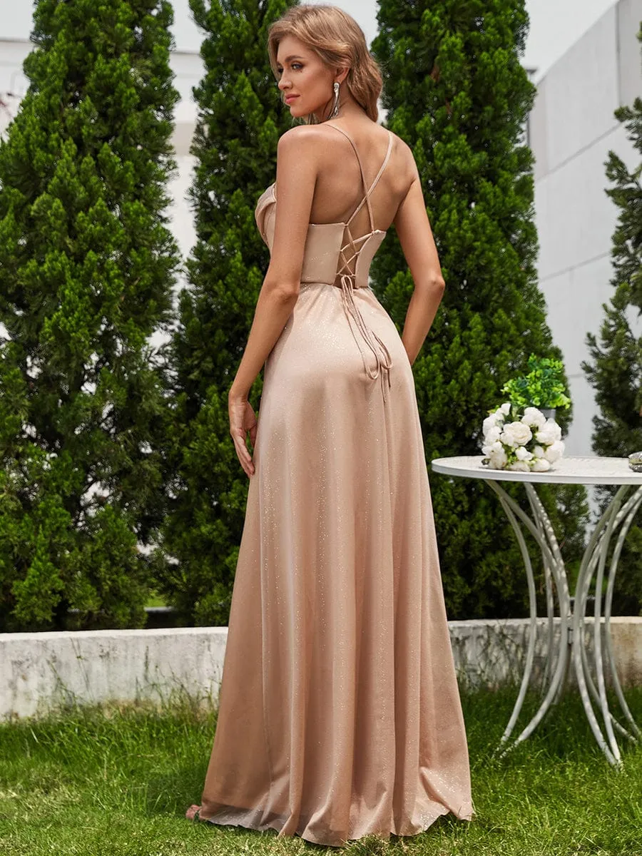 Destiny sparkle corset cowl neck strappy back dress with split