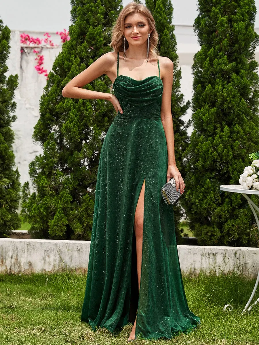 Destiny sparkle corset cowl neck strappy back dress with split