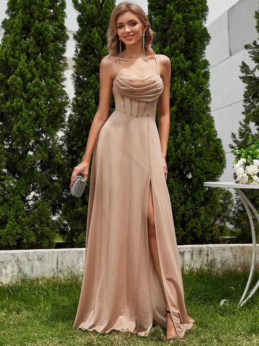 Destiny sparkle corset cowl neck strappy back dress with split
