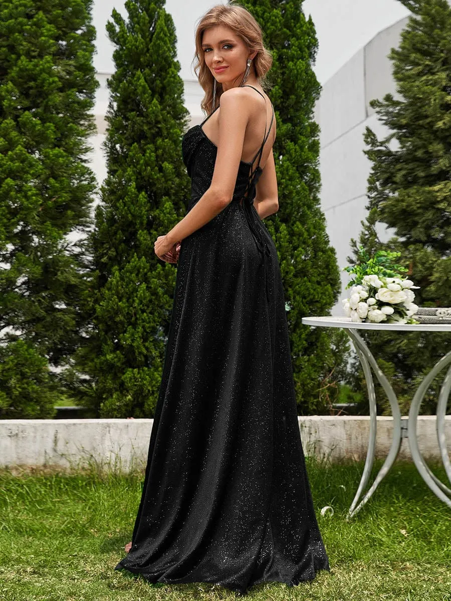 Destiny sparkle corset cowl neck strappy back dress with split