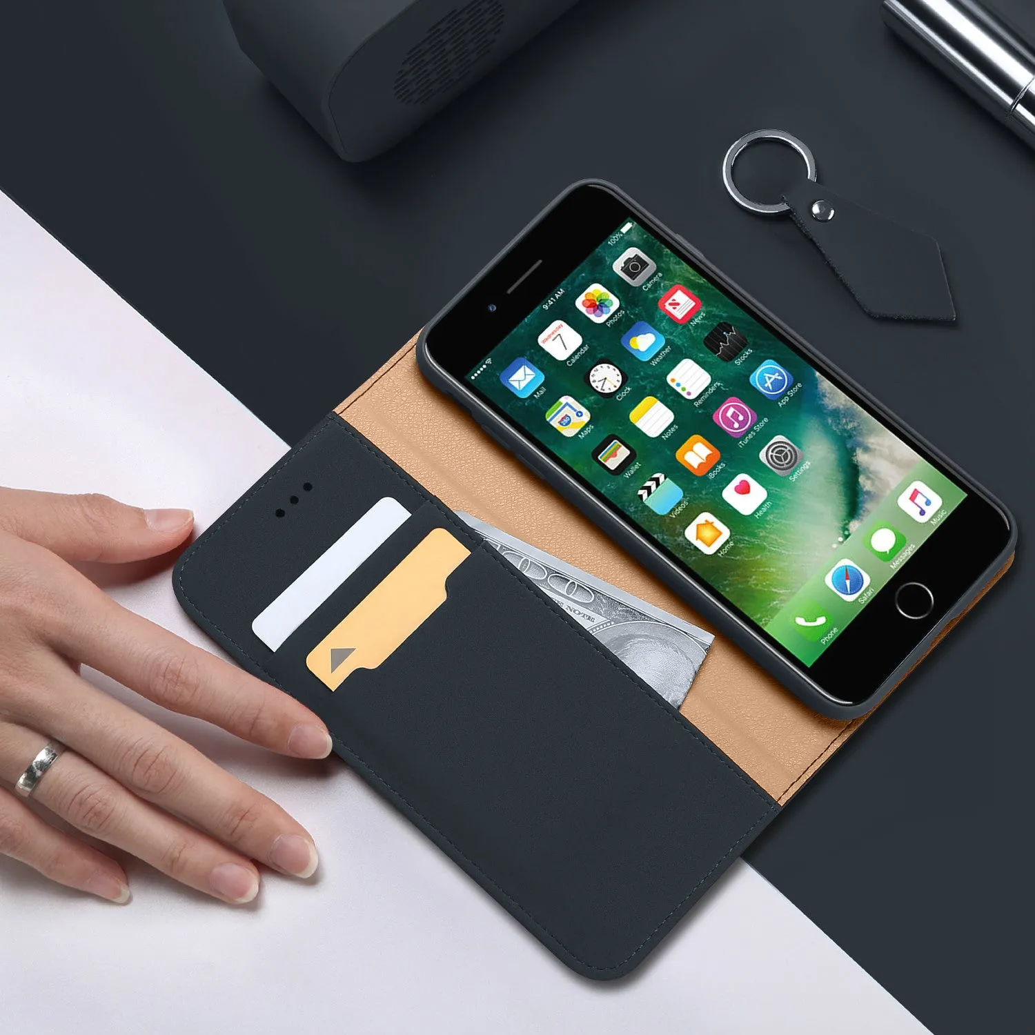 DUX DUCIS For iPhone 7/8 Luxury Genuine Leather Magnetic Flip Cover Full Protective Case with Bracket Card Slot blue