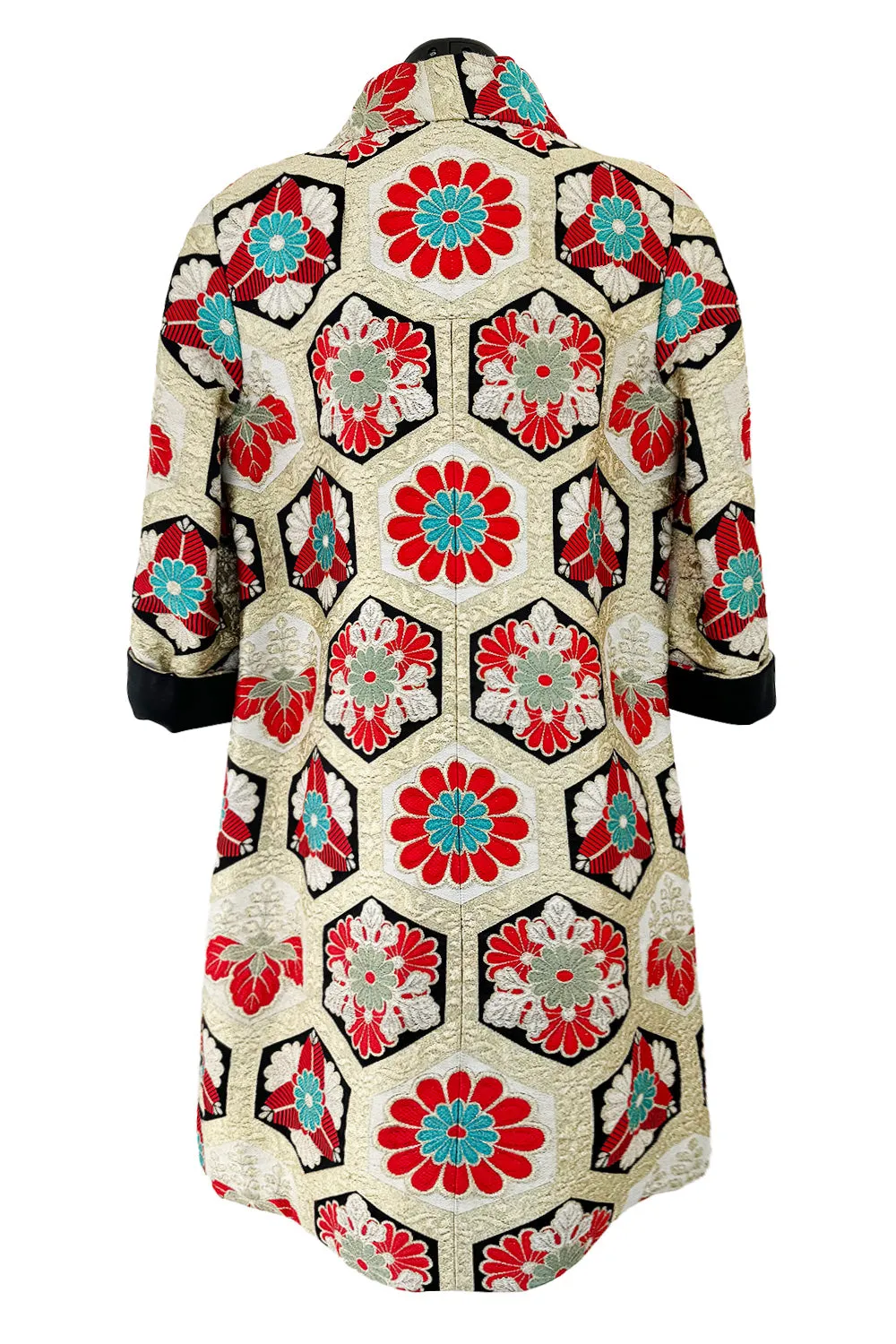 Exquisite Fall 1974 Hanae Mori Metallic Gold Brocade 3/4 Sleeve Coat w Pops of Turqoise & Red