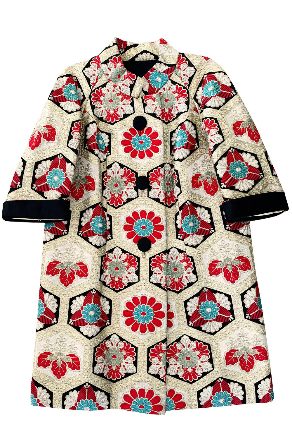 Exquisite Fall 1974 Hanae Mori Metallic Gold Brocade 3/4 Sleeve Coat w Pops of Turqoise & Red