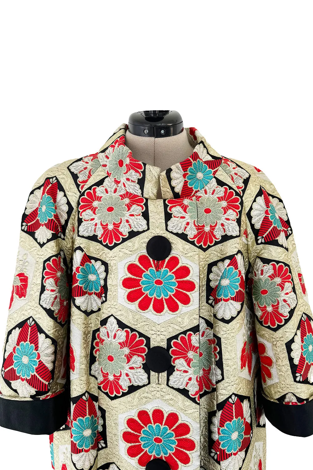 Exquisite Fall 1974 Hanae Mori Metallic Gold Brocade 3/4 Sleeve Coat w Pops of Turqoise & Red