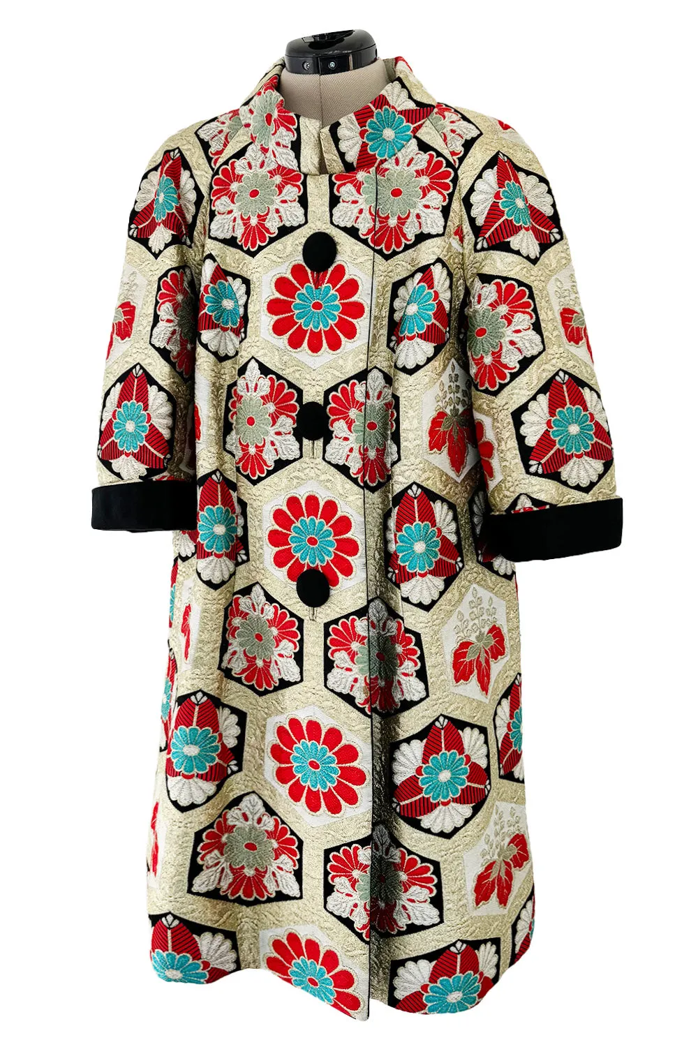 Exquisite Fall 1974 Hanae Mori Metallic Gold Brocade 3/4 Sleeve Coat w Pops of Turqoise & Red