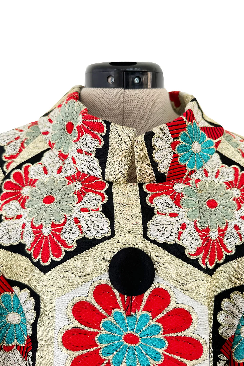Exquisite Fall 1974 Hanae Mori Metallic Gold Brocade 3/4 Sleeve Coat w Pops of Turqoise & Red